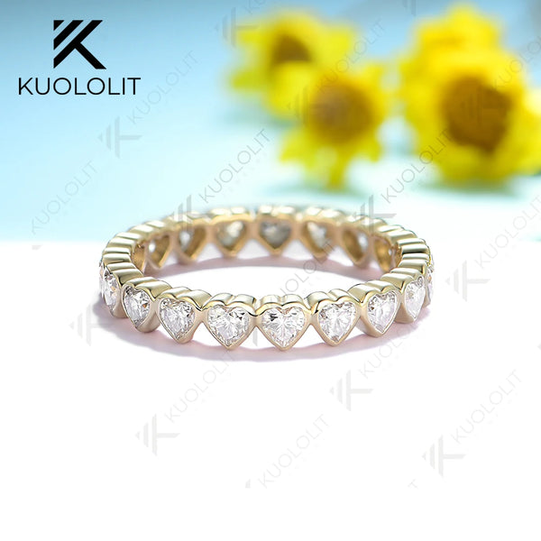 Kuololit 1CTW Heart Moissaniote Band Rings for Women Solid 14K 10K 585 Full Eternity Band for Wedding Engagement Classsic