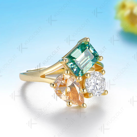 Kuololit 4.3CT Champagne Cyan Moissanite Custom Set Ring for Women Solid 14K 10K 585 Yellow Gold  Ring for Christmas Gifts Party