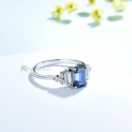Kuololit 1CT Emerald Cut Blue Moissanite Ring for Women Solid 14K 10K White Gold