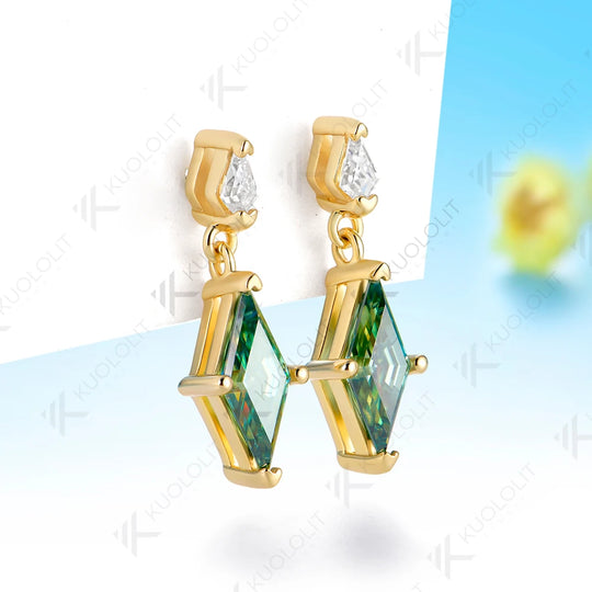 Kuololit 2.4CTW Cyan Moissanite Custom Clip Earrings for Women Solid 14K10K585 Yellow Gold Rhombus Cut for Christmas Gifts Party