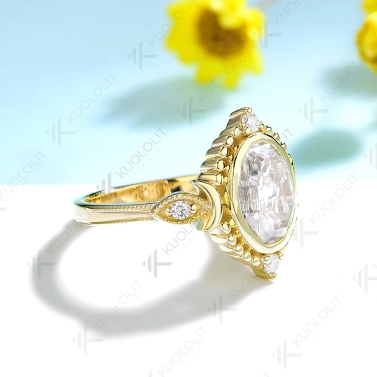 Kuololit 2CT Portrait Cut Moissanite Ring for Women Solid 14K 10K 585 Yellow Gold Engagement Ring for Christmas Gifts Party NEW