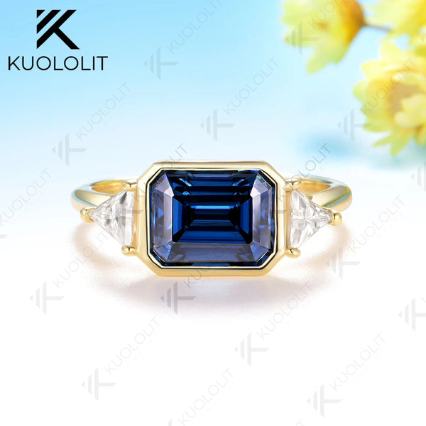 Kuololit 3CT Gray Blue Moissanite Ring for Women Solid14K10K 585 White Gold Emerald Cut Engagement Ring for Christmas Gift Party