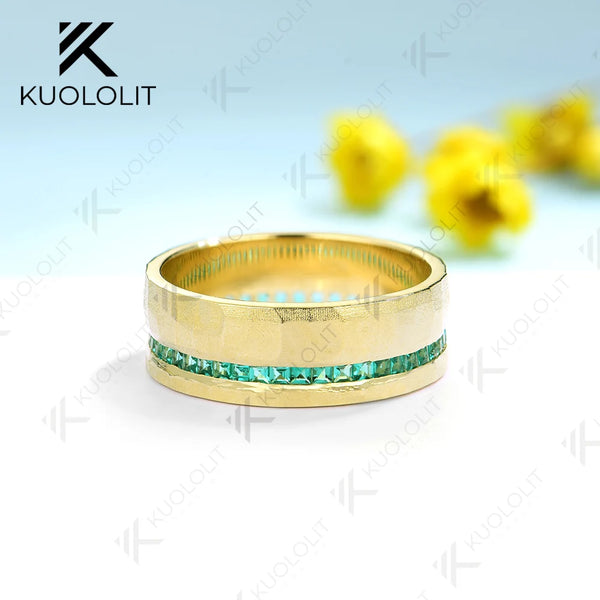 Kuololit 2.7CTW Lab Grown Emerald Band for Men Women Solid 18K 14K 10K 585 Yellow Gold Wedding Bands for Party Christmas Gifts