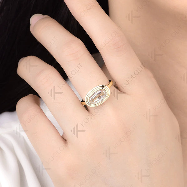 Kuololit 2.5CT Oval Step Cut Moissanite Ring for Women Solid 14K 10K 585 Yellow Gold Engagement Ring for Christmas Custom