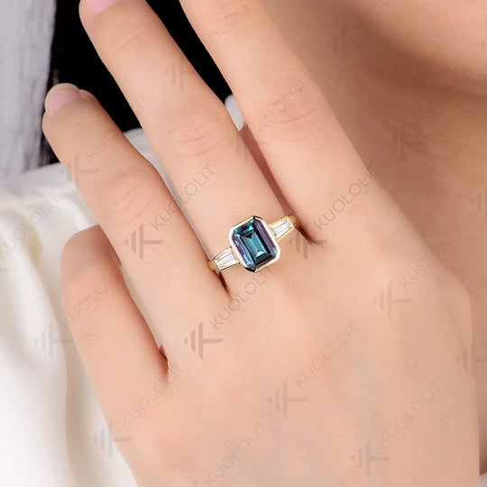 Kuololit 3CT Lab Grown Alexandrite Moissanite Ring for Women Solid 14K 10K 585 Yeollw Gold Emerald Cut Ring for Christmas Gifts