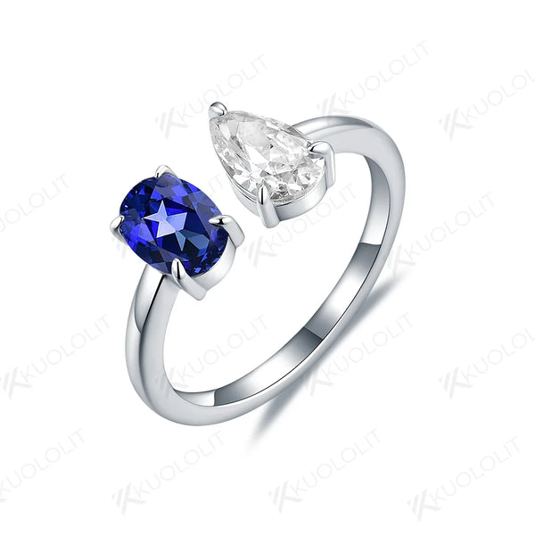 Kuololit 2CTW Pear Moissanite Lab Blue Sapphire Rings for Women Solid 18K 14K Yellow Gold Gemstone Ring for Engagement Christmas