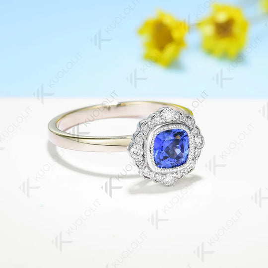 Kuololit 1CT Cushion Lab Blue Sapphire Ring for Women Solid 18K 14K 10K 585 Yellow Gold Moissanite Engagement Ring for Christmas