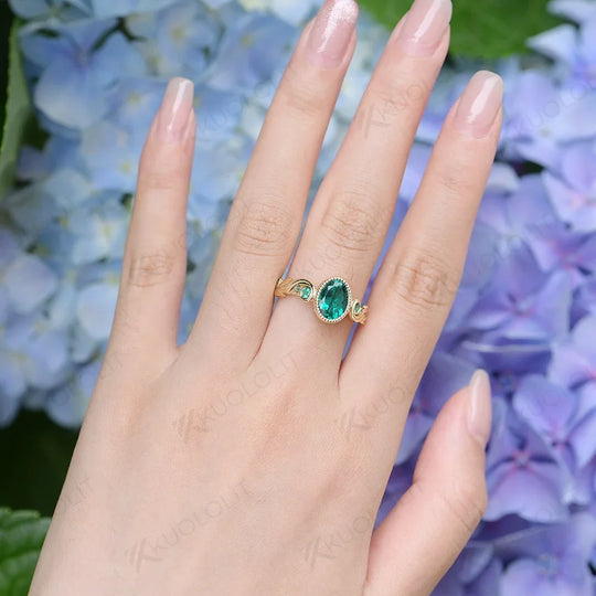 Kuololit Lab Grown Colombia Emerald Rings for Women Men Solid 585 10K Yellow Gold Oval Cut Rings for Wedding Engagement Classic