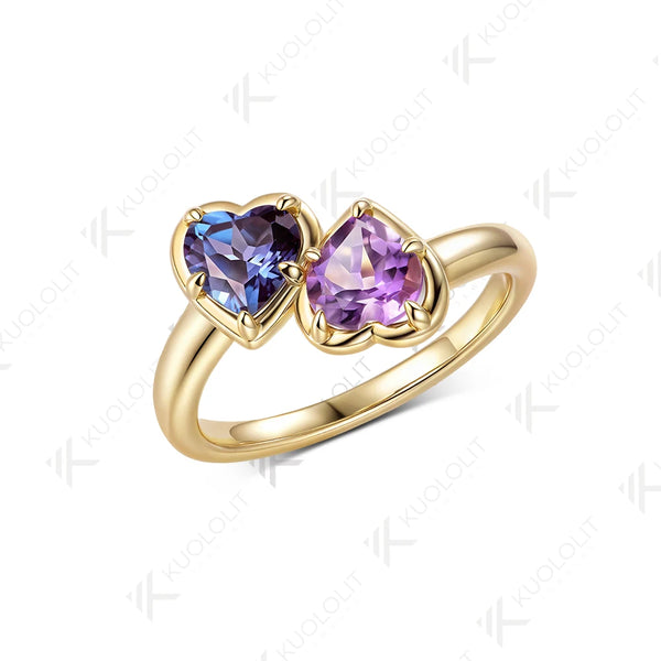 Kuololit 1.6CTW Lab Grown Alexandrite Amethyst Ring for Women Solid 14K 10K 585 Yellow Gold Heart Ring for Christmas Gifts Party