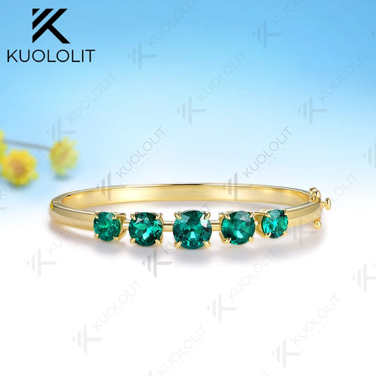 Kuololit 6CTW Round Lab Grown Emerald Custom Bangle for Women Solid 10K Yellow Gold Round Bracelet for Engagement Christmas Gift