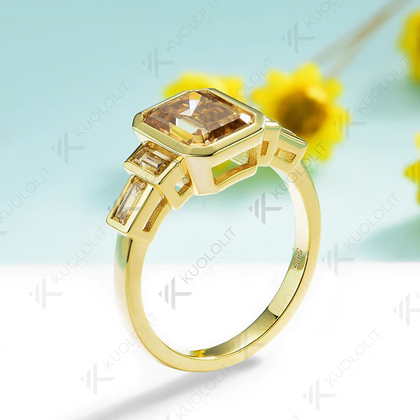 Kuololit 3CT Champange Moissanite Ring for Women Solid 14K 10K 585 Yelllow Gold Emerald Engagement Ring for Christmas GiftsParty