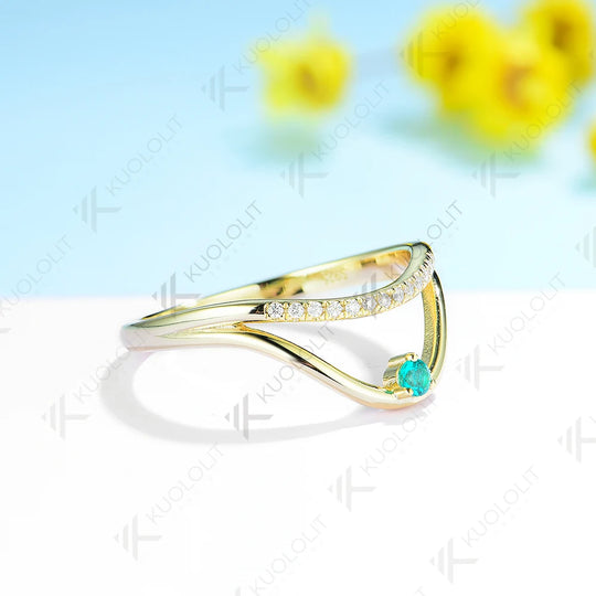 Kuololit Lab Grown Emerald Band Rings for Men Women Solid 10K 14K 18K 585 Gold Wedding Band for Engagement Party Christmas Gift