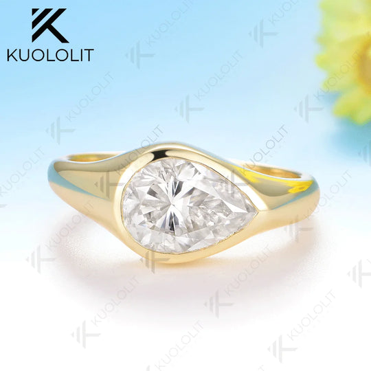 Kuololit 2CT Pear Cut Moissanite Ring for Women Solid 14K 10K 585 Yellow Gold Engagement Ring for Anniversary Christmas Gifts