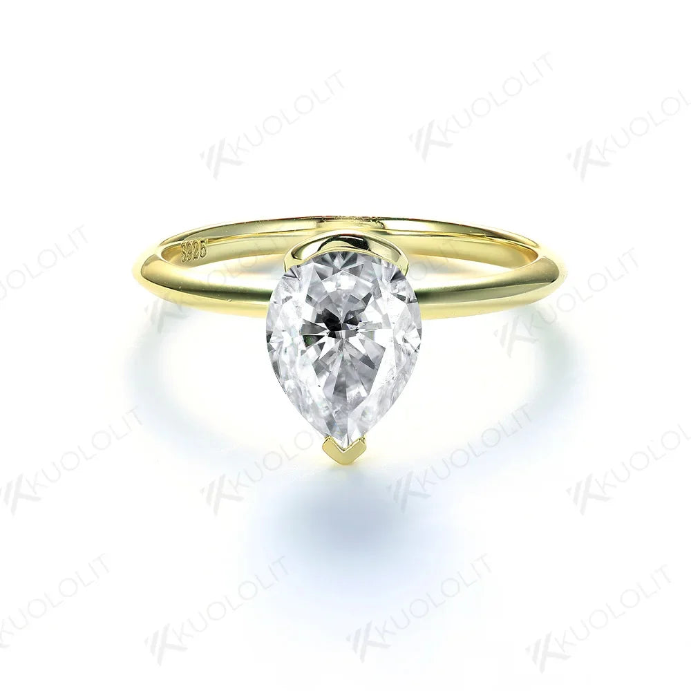 Kuololit Moissanite Rings for Women Solid 18K 14K 10K 925 Sliver Yellow Gold 1.5CT Pear Cut for Anniversary Wedding Engagement