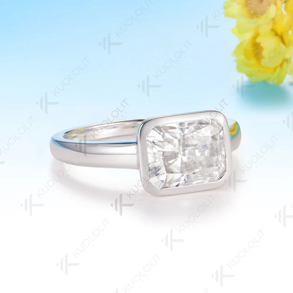 Kuololit 3CT Radiant Cut Cyan Moissanite Ring for Women Solid 14K 10K White Gold Bezel Set Engagement Ring for Christmas Gifts Party
