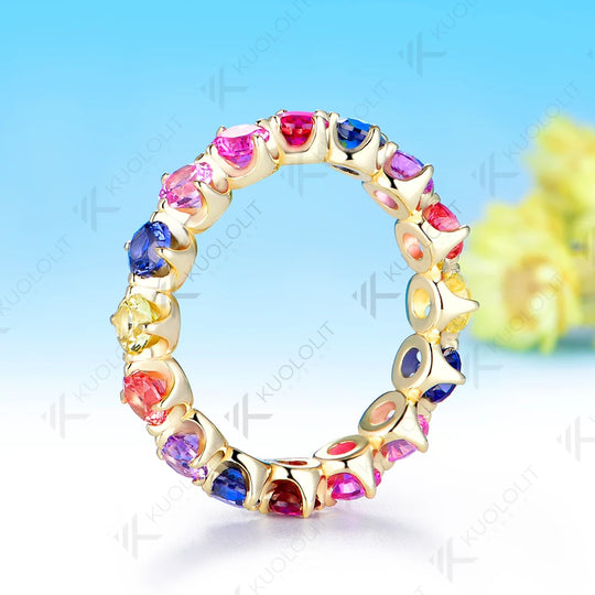 Kuololit Lab Grown Rainbow Sapphire Custom Ring Band for Women Solid 14K 10K 585 Yellow Gold Eternity Full Band for Christmas Gifts