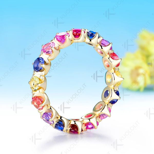 Kuololit Lab Grown Rainbow Sapphire Custom Ring Band for Women Solid 14K 10K 585 Yellow Gold Eternity Full Band for Christmas Gifts