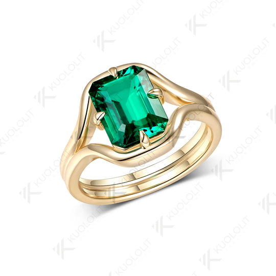 Kuololit 3CT Lab Grown Emerald Custom Ring for Women Solid 14K Yellow Gold Gemstone Ring for Anniversary Christmas Gifts Party