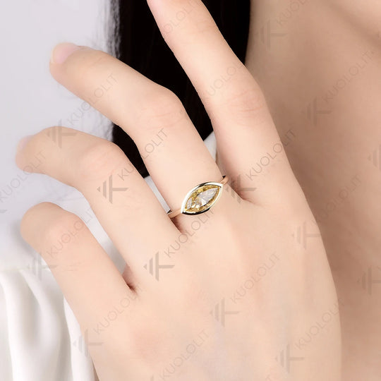 Kuololit 2CT Champagne Marquise Moissanite Custom Set Ring for Women Solid 14K 10K 585 Yellow Gold for Christmas Gifts Party