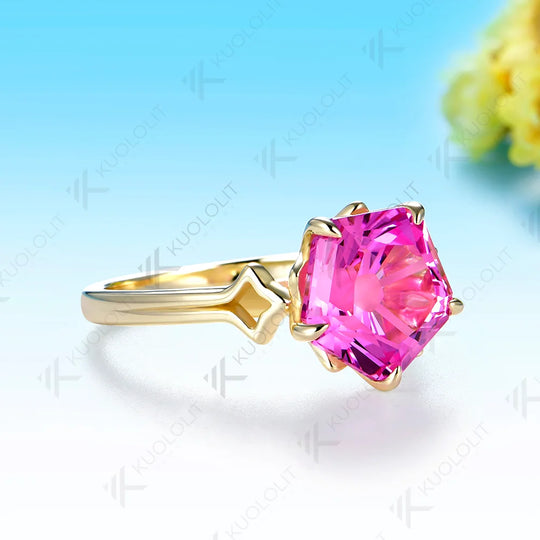 Kuololit 5CT Lab Grown Pink Sapphire Custom Ring for Women Solid 14K 10K 585 Yellow Gold Sakura Cut for Christmas Gift Party