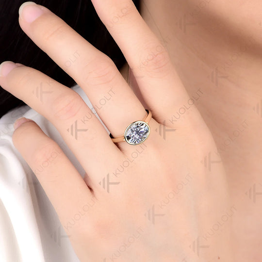 Kuololit 3CT Gray Oval Cut Moissanite Set Ring for Women Solid 14K 10K 585 Yellow Gold Engagement Ring for Christmas Gifts Party