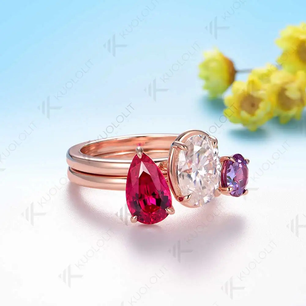 Kuololit 6.5CTW Lab Grown Alexandrite Ruby Moissanite Rings for Women Soild 14K 585 Gold Set Ring for Engagement Christmas Gift