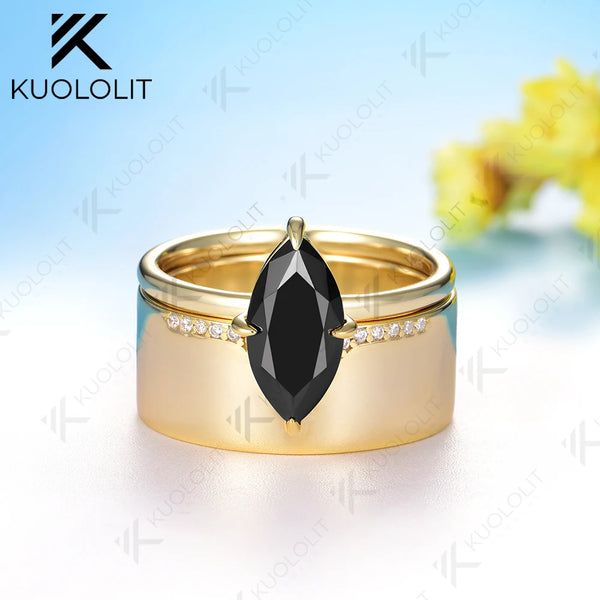 Kuololit 2CT Marquise Cut Black Moissanite Engagement Set Ring for Women Solid 18K 14K 585 Yellow Gold Bands Ring for Christmas