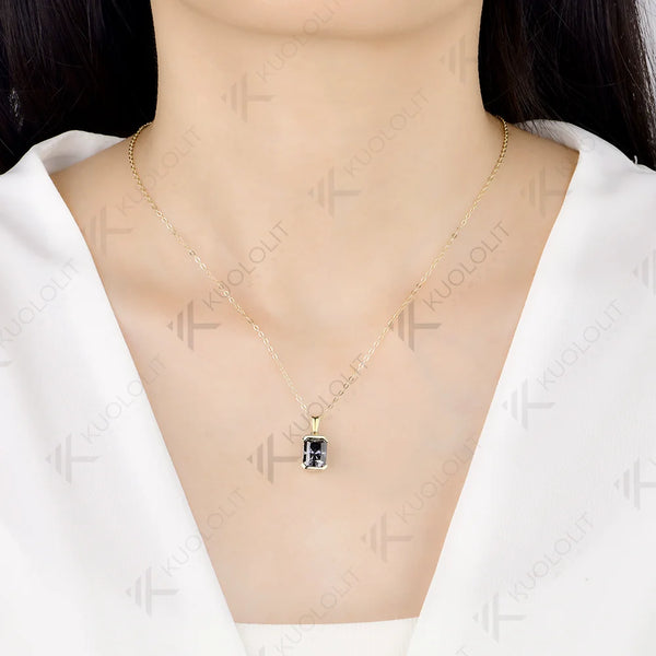 Kuololit 3CT Gray Moissanite Custom Necklace for Women Solid 585 14K 10K Yellow Gold Emerald cut Necklace for Christmas Party