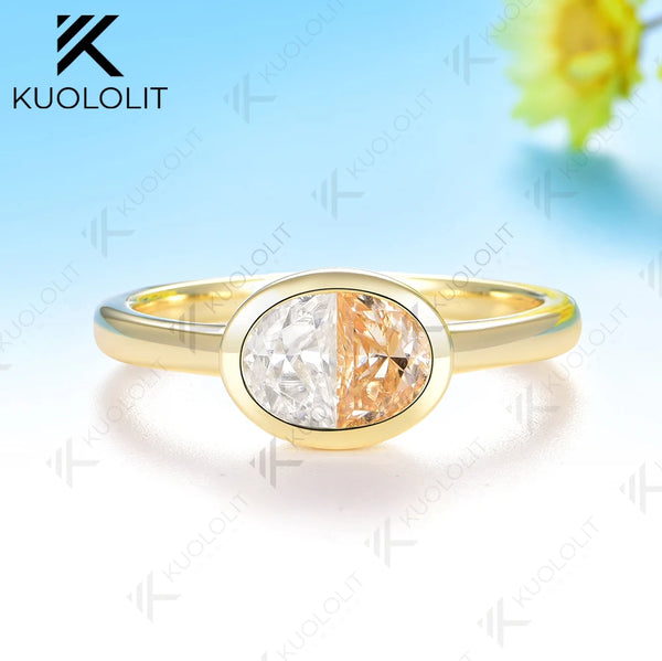 Kuololit 0.9CTW Two Half Champagne Cyan  Moissanite Ring for Women Solid14K10K 585 Yellow Gold Engagement Ring for Christmas Claasic