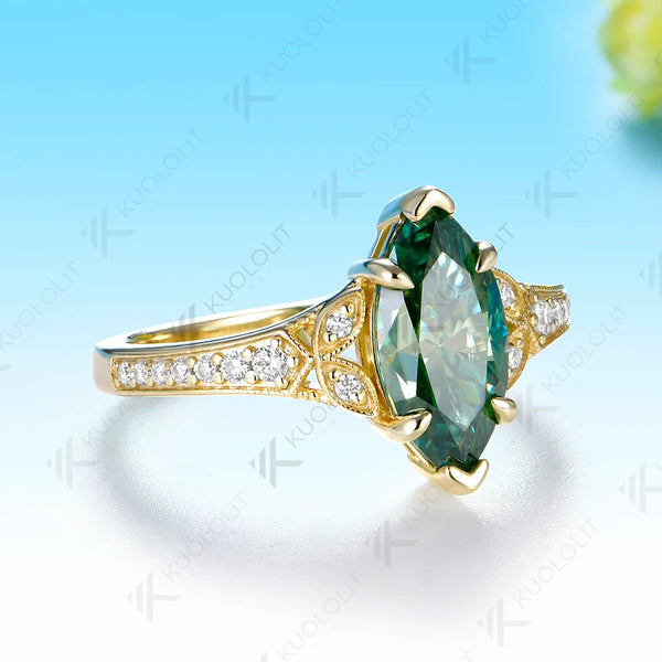 Kuololit 2CT Cyan Moissanite Custom Ring for Women Solid 14K 10K 585 Yellow Gold Marquise Cut for Christmas Gifts Engagement