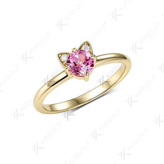 Kuololit 0.5CT Lab Pink Sapphire Diamonds Cat Custom Ring for Women Solid 14K 10K  Yellow Gold Ring for Anniversary Christmas