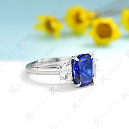 Kuololit 3CT Lab Blue Sapphire Engagement Ring for Women Solid 18K 14K 10K 585 Gold Half Moon Moissanite Ring for Christmas Gift