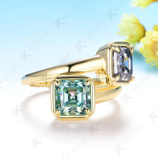 Kuololit 4CTW Asscher Cut Gray Cyan Moissanite for Women Solid 14K 10K 585 Yellow Gold for Engagement Wedding Christmas Gifts