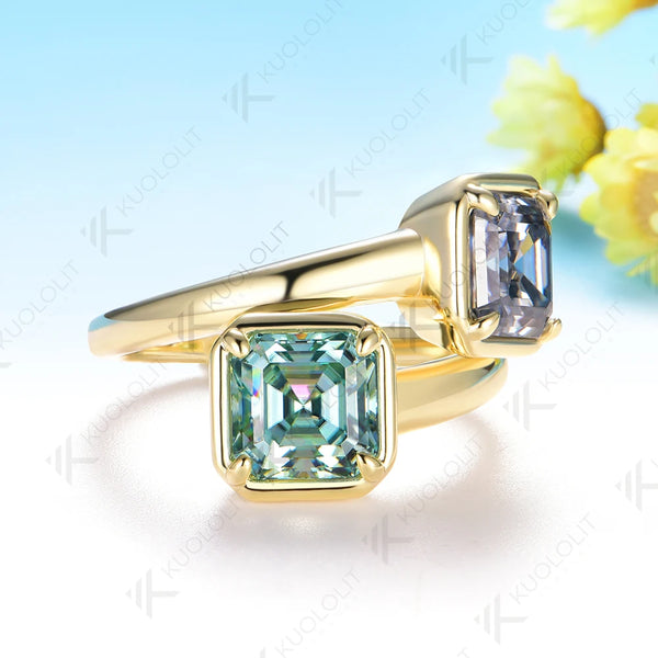 Kuololit 4CTW Asscher Cut Gray Cyan Moissanite for Women Solid 14K 10K 585 Yellow Gold for Engagement Wedding Christmas Gifts