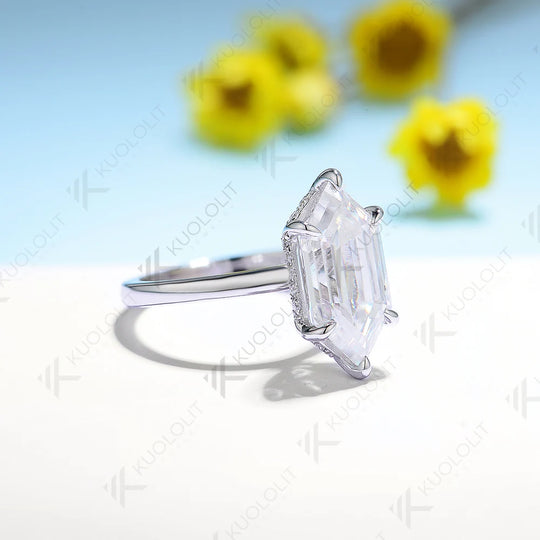 Kuololit 4CT Enlonged Hexagon Moissanite Ring for Women Solid 14K 10K 585 Yellow Gold Moissanite Engagement Ring for Christmas