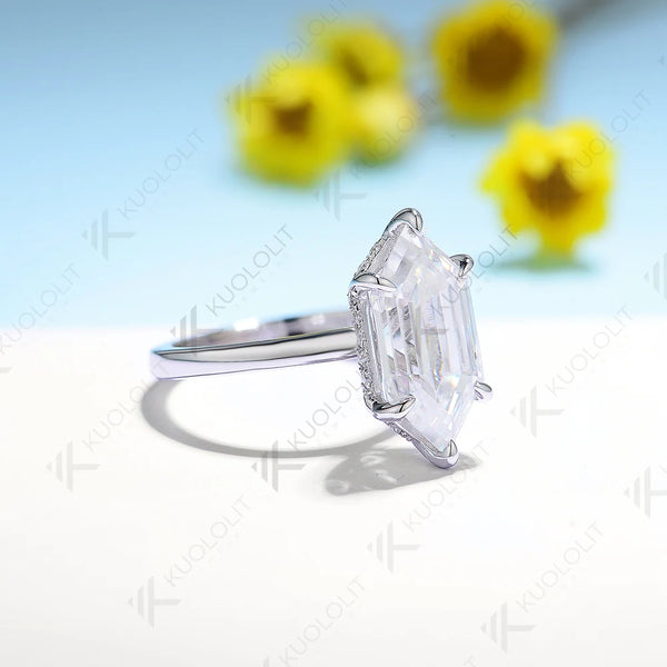 Kuololit 4CT Enlonged Hexagon Moissanite Ring for Women Solid 14K 10K 585 Yellow Gold Moissanite Engagement Ring for Christmas