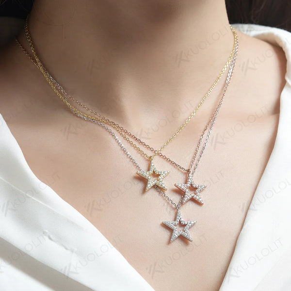 Kuololit Moissanite Necklaces for Women Solid 925 Sterling Silver Star Shaped Pendant for Wedding Engagement Party Jewelry Gift
