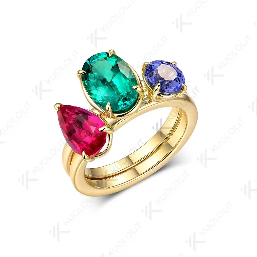 Kuololit 6.5CTW Lab Grown Eemerald Ruby Blue Sappphire Rings for Women Soild 14K 585 Gold Set Ring for Engagement Christmas Gift