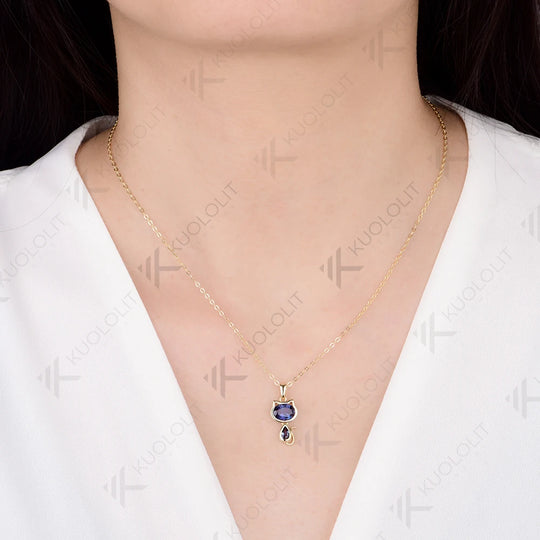 Kuololit 2.2CTW Lab Grown Alexandrite Cat Neklace for Women Solid 14K 10K 585 Yellow Gold Cute Neklace for Christmas Gifts Party