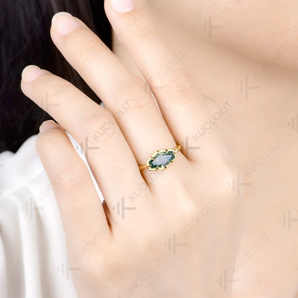 Kuololit 2CT Hexagon Cyan Moissanite Ring for Women Solid 14K 10K 585 Yellow Gold for Engagement Ring for Christmas Gifts Party