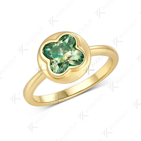 Kuololit 1.5CT Four Leaf Clover Cut Unique Ring for Women Solid 14K 585 Yellow Gold Engagement Ring for Christmas Gift Party