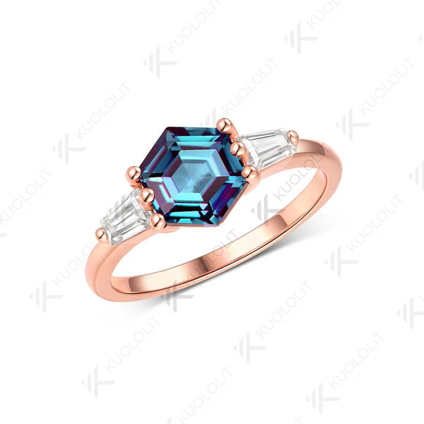 Kuololit 2CT Hexagon Lab Grown Alexandrite Ring for Women Solid 585 10K 14K Yellow Gold for Wedding Engagement Christmas Gifts