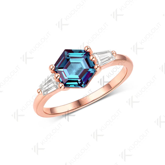 Kuololit 2CT Hexagon Lab Grown Alexandrite Ring for Women Solid 585 10K 14K Yellow Gold for Wedding Engagement Christmas Gifts