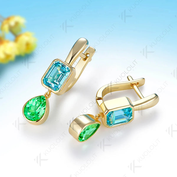 Kuololit 7CTW Mint Green Sapphire Paraiba Custom Earrings for Women Solid 14K 10K 585 Yellow Gold Earrings for Christmas Gifts