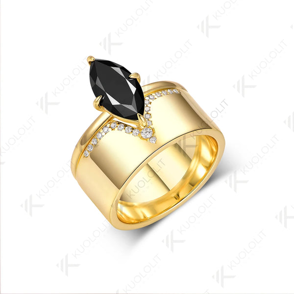 Kuololit 2CT Marquise Cut Black Moissanite Engagement Set Ring for Women Solid 18K 14K 585 Yellow Gold Bands Ring for Christmas