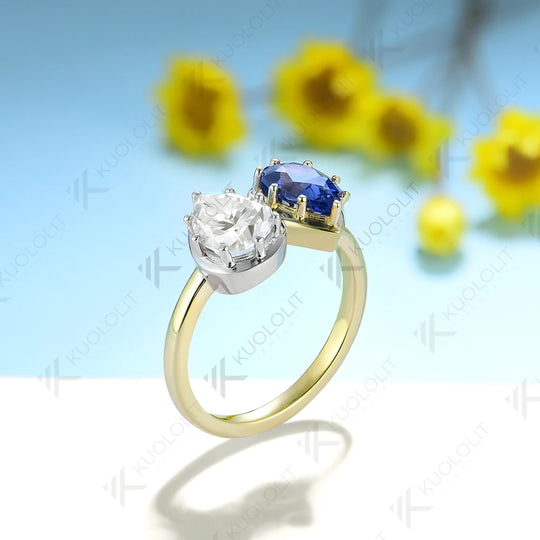 Kuololit 2.5CTW Pear Moissanite Blue Sapphire Ring for Women Solid 18K 14K Two Tone Gold Gemstone Ring for Engagement Christmas