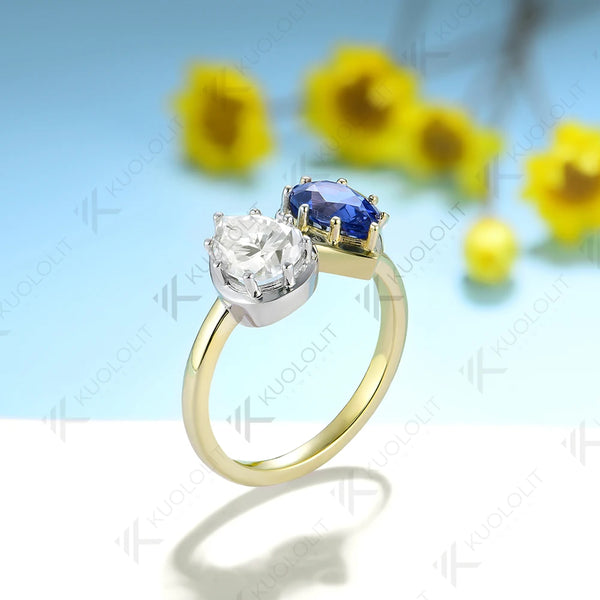 Kuololit 2.5CTW Pear Moissanite Blue Sapphire Ring for Women Solid 18K 14K Two Tone Gold Gemstone Ring for Engagement Christmas