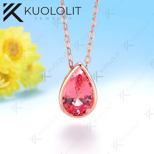 Kuololit 3CT Cyan Moissanite Lab Grown Padparadscha Necklace for Women Men Solid 585 14K 10K Gold Pear Chain for Engagement Christmas