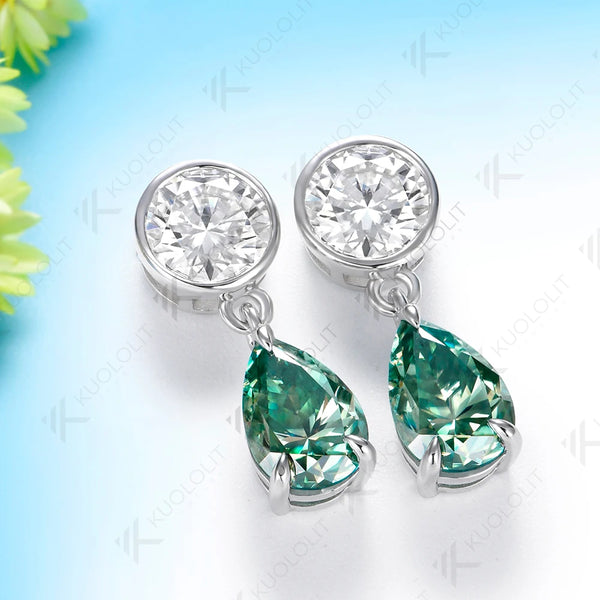 Kuololit 5CTW Cyan Pear Round Cut Moissanite Custom Stud Earrings for Women Solid14K 10K 585 White Gold for Christmas Gift Party