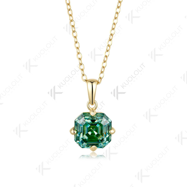 Kuololit 3.5CT Asscher Cut Cyan Moissanite Custom Necklace for Women Solid 585 14K 10K Yellow Gold Necklace for Christmas Gifts